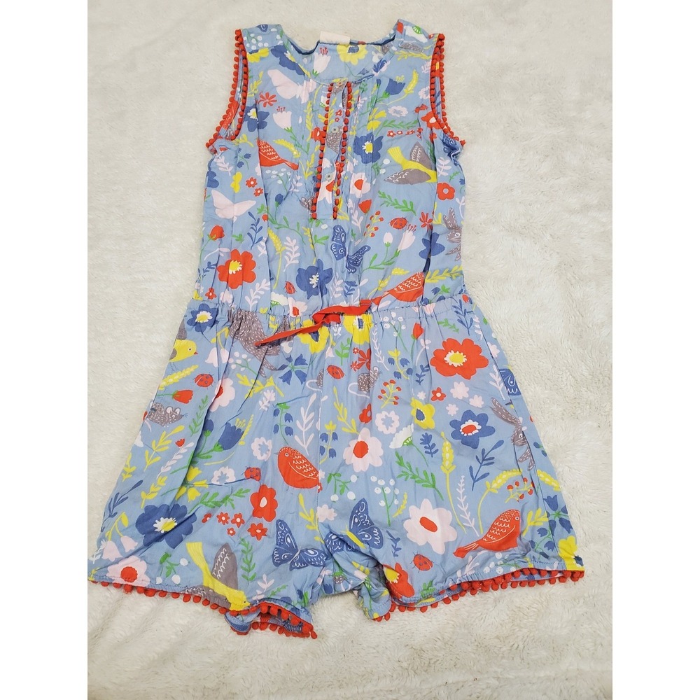 Mini Boden Blue Floral Orange Pom Pom Artsy Summer Romper 11 12 Casual Kidcore